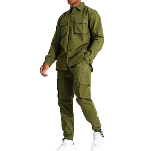 Ensemble de survêtement en coton bleu pour homme, chemise à manches longues boutonnée, pantalon cargo, tenue décontractée pour le printemps, couleur unie, coupe classique - Product Image 2
