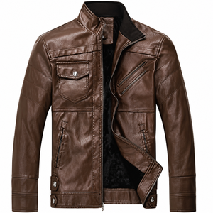 <b>Men's</b> Brown Leather Vintage Moto <b>Biker</b> Style Hooded <b>Jacket</b> Zipper Closure Faux Fur Lining Eco-Friendly Slim Fit Winter - Product Image 1