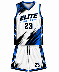 Uniforme de Baloncesto Profesional Elite Squad con Gráficos Abstractos Audaces en Blanco, Negro y Azul, Tela Ligera de Alto Rendimiento para Partidos - Product Image 1