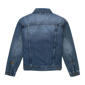 Veste en jean pour homme bleu foncé délavé, 100% coton, poches à rabat sur la poitrine, surpiqûres contrastées, coupe classique, style trucker - Product Image 2