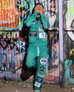 Mens Teal Patchwork Rhinestone Tracksuit <b>Full</b> <b>Zip</b> <b>Hoodie</b> Jogger Pants Streetwear Two Piece Set Custom Wholesale Activewear Style - Product Image 2