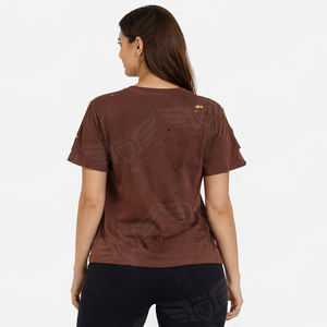 Camiseta de Moda para Mujer, Color Marrón, Estilo Desgastado y Rasgado, Manga Corta, Cuello Redondo, Estilo Vintage, Streetwear - Product Image 5
