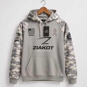 Venta al por Mayor Directa de ZIAKOT INDUSTRY, Sudadera con Capucha Personalizada Cosida a Medida, Color Gris Acero, Diseño de Camuflaje, Homenaje al Servicio Militar - Product Image 1