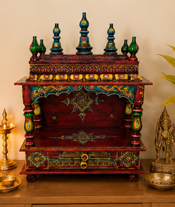 Mandir en bois peint à la main pour la maison |   Temple indien traditionnel avec tiroir |   Chapelle de prière décorative faite à la main - Product Image 3