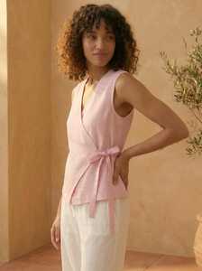 Women Vintage Sleeveless Blouse V-Neck <b>Wrap</b> Tie Solid <b>Pink</b> Breathable Eco-Friendly Office ODM Spring Summer Top - Product Image 6