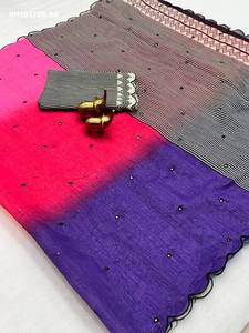 Sari-Blouse en Lin et Coton de Haute Qualité avec Broderie Miroir Intégrale et Rayures Noires et Blanches – Exportateur Mondial - Product Image 5