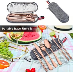 Ensemble de couverts en acier inoxydable plaqué or rose avec couteau, fourchette, cuillère, baguettes, kit d'ustensiles de voyage - Product Image 4