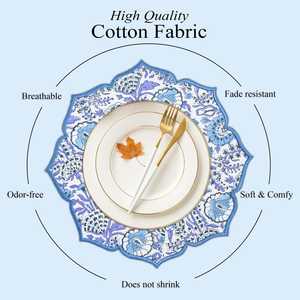 Indigo <b>Blue</b> Round Placemats Set Hand Block Printed Cotton with Scallop Embroidery Boho Floral <b>Table</b> <b>Mats</b> for Dining - Product Image 3