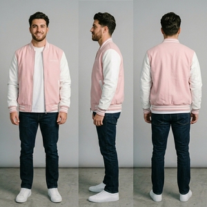 Veste en laine rose pour homme avec manches blanches, col et poignets en tricot côtelé, fermeture éclair intégrale, streetwear décontracté haut de gamme, vêtement d'extérieur bicolore personnalisé - Product Image 6