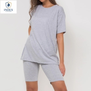 INDEX APPAREL Conjunto de 2 Piezas para Mujer, Shorts Grises de Algodón Tejido, Cuello Redondo, Manga Corta, Corte Holgado, Largo por Encima de la Rodilla, Casual, para Todas las Temporadas - Product Image 1