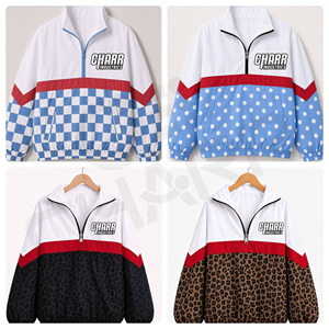 Custom Checkered Camo Print Leopard Print Windbreaker Oversized 100% Polyester Quater Zipper Stand Collar Women Windbreaker - Product Image 2