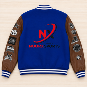 เสื้อแจ็คเก็ตวาร์ซิตี้สีน้ำเงินสำหรับทุกเพศ ยี่ห้อ NOORXSPORTS แขนทำจากผ้าขนสัตว์ ดีไซน์ปะติดแบบพรีปปี้ สไตล์กระดุมแถวเดียว เหมาะสำหรับใส่ในฤดูหนาว มีฮู้ด คอเสื้อแบบคอกลม - Product Image 2