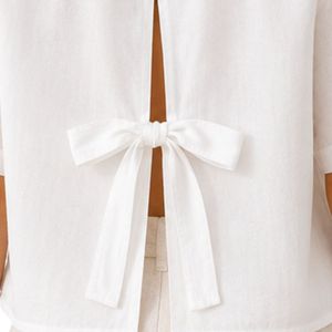 Custom White Embroidered <b>Linen</b> Blend Crop Shirt For Women Short Sleeve Button Up Casual Summer Blouse Custom Logo Private Label - Product Image 6