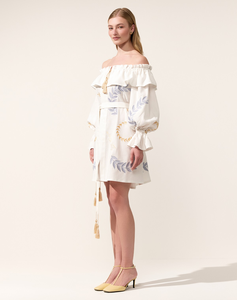 Vestido Mini de Algodón Blanco para Mujer, Hombros Descubiertos, Estampado Floral, Manga Larga, Cintura Ajustable, Estilo Boho - Product Image 3