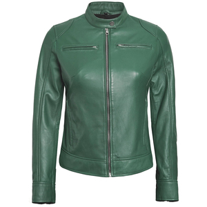 Women's Genuine Leather Moto <b>Jacket</b> Stand Collar Full Sleeve Zipper Closure Autumn Solid Color <b>Biker</b> <b>Jacket</b> - Product Image 3