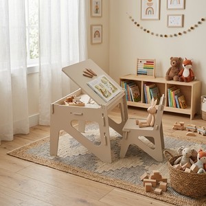 <b>Adjustable</b> Wooden Kids Activity <b>Table</b> With Chair Set For Reading And Playtime Scandinavian Style - Product Image 3