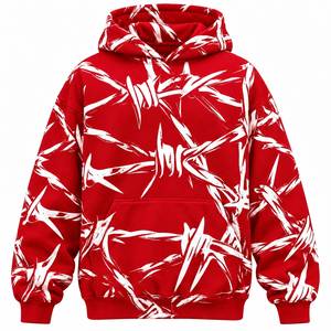 Sudadera con capucha para hombre con estampado de alambre de púas rojo, manga raglán, bolsillo canguro, estilo urbano - Product Image 1