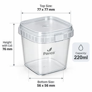Pot carré en PET de 220 ml avec couvercle à clipser pour l'emballage de desserts en pot, marque Pavico, sérigraphie, Vietnam - Product Image 1