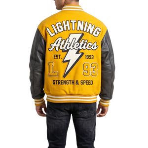 Windproof Premium Yellow Black Hooded Varsity Jacket L Lightning Bolt Patch Breathable Baseball Varsity Jackets - Product Image 2