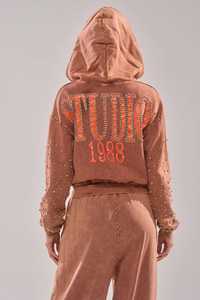 Ensemble de sweat-shirt à capuche surdimensionné avec détails en strass en tissu French Terry marron, vêtements unisexes pour l'automne - Product Image 3