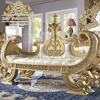 Ensemble de meubles de chambre à coucher de luxe en teck doré artisanal traditionnel avec lit sculpté en or taille CAL King