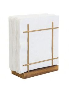 Porte-serviettes de table, distributeur de serviettes en métal filaire avec base en bois pour comptoir de cuisine, support de table contemporain couleur laiton pour salle à manger - Product Image 4