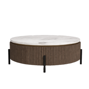 La mesa de centro Nara, con dimensiones de 910x910x350, combina un estilo contemporáneo con ricos tonos marrones, perfecta para añadir un toque sofisticado. - Product Image 1