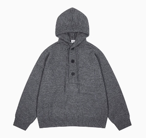 Pull à capuche en tricot pour homme, couleur unie, boutons sur le devant, décontracté, manches longues, coupe classique, vêtements d'automne - Product Image 4