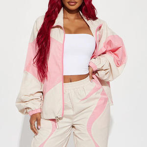 Wholesale <b>Women</b> <b>Pink</b> Beige Color Block <b>Tracksuit</b> Casual Loose Fit Zip Up Windbreaker Jacket and Jogger Pants OEM ODM - Product Image 2