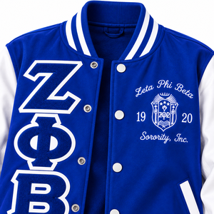 Zeta Phi Beta Varsity <b>Jacket</b> <b>Women</b> Royal Blue <b>White</b> Sleeve Chenille Greek Letters Embroidered Crest 1920 Snap Letterman Sorority - Product Image 5