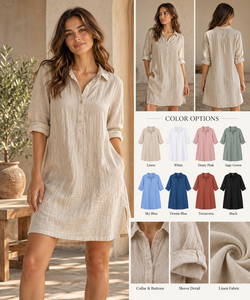 Robe chemise décontractée pour femme en coton et lin, unie, simple, mini, boutonnée sur le devant, manches retroussables, coupe ample, été, avec poches - Product Image 4