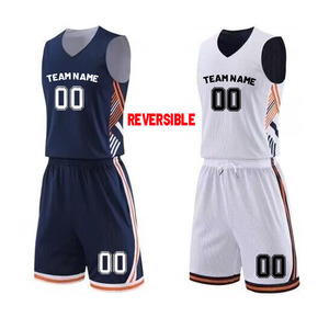 Uniformes de basket-ball réversibles personnalisés, bleu marine et blanc, impression par sublimation, unisexe adulte, respirant, col en V, sans manches, 100% polyester - Product Image 1