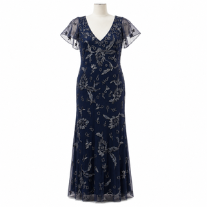 Women Navy Blue Floral <b>Sequin</b> Maxi Dress V Neck Sheer Flutter Sleeve Embellished Evening Gown Wedding Party Prom Formal Elegant - Product Image 1