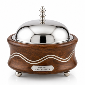 Casserole en bois avec incrustation de nacre, artisanat Marvel |   Bol intérieur en acier inoxydable |   Bol de service alimentaire haut de gamme |   Luxe - Product Image 1