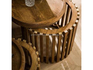 Juego de Mesas Auxiliares Redondas de Madera con Listones, Diseño de Jaula de Madera Maciza, Mesa de Centro Moderna Estilo Barril de Madera, Juego de Mesas Auxiliares 2026 - Product Image 2
