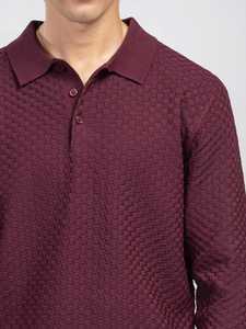 <b>Men's</b> Maroon Knitted <b>Long</b> Sleeve Polo Sweater Solid Color Button Closure Autumn Wear - Product Image 5