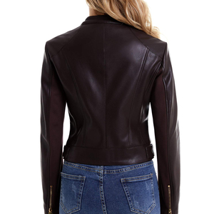 Chaqueta de cuero informal para mujer, con estampado personalizado, talla estándar, cuello alto, transpirable, ropa exterior informal de cuero. - Product Image 5