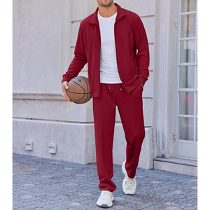 Ensemble de survêtement tricoté rouge pour homme, couleur unie, décontracté, automne, tissu polyester respirant, col montant - Product Image 1