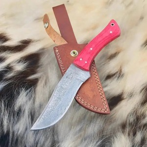 Cuchillo de Camping Hecho a Mano con Hoja de Acero de Damasco, Borde Recto, Mango de Madera Pakka, Funda de Cuero, Personalizable ODM - Product Image 4