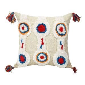 Funda de cojín decorativa cuadrada de estilo bohemio con bordado geométrico y borlas, superventas de fábrica - Product Image 1