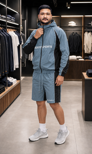 REXFIT SPORTS 2026Custom Mens Blue Gray Nylon Windbreaker Set Hooded Pullover <b>Jacket</b> Shorts Private Label Sportswear Manufactur - Product Image 2