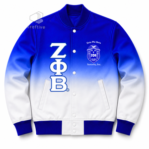 Zeta Phi Beta Women's Ombre Satin Varsity Jacket Embroidered Greek Letter Snap <b>Button</b> Rib Knit Collar Cuff Letterman Jacket - Product Image 1