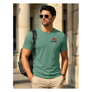 Camiseta de manga corta con cuello redondo y logotipo frontal en verde sólido para hombre, camiseta verde informal para hombre, fabricante de camisetas para hombre - Product Image 2