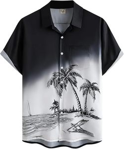 Chemise décontractée pour homme à manches courtes, col montant, imprimé palmiers, bleu clair et blanc, imprimé numérique, coupe classique, en popeline de polyester - Product Image 3