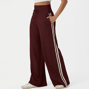 Pantalones de chándal acanalados de pierna ancha con cintura alta, cordón y rayas laterales, para mujer, informales, de largo completo, color liso, transpirables - Product Image 1