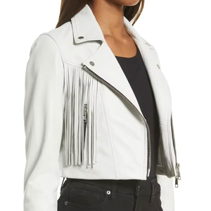 Blouson moto en similicuir blanc avec détails à pampilles, fermeture éclair, col cranté, coupe courte, vêtement d'extérieur décontracté pour femme - Product Image 2