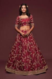 Burgundy Embroidered A-Line Floor-Length <b>Lehenga</b> Choli Set Silk Wedding Outfit Traditional Women Party Dress - Product Image 3