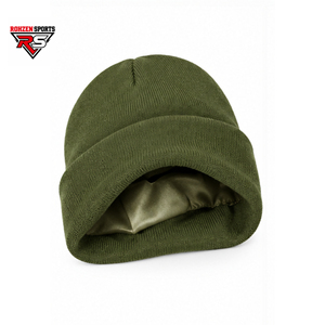 Gorro de punto verde oliva con forro de satén, suave, 100% acrílico, gorro de invierno con puño grueso de acrílico para mujeres y hombres, gorros cálidos. - Product Image 1