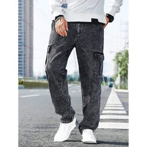 Jean cargo en denim gris anthracite pour homme, style rétro vintage moderne multipoches, 100% coton, écologique, automne-hiver - Product Image 1