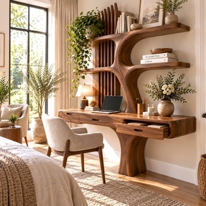 Bureau mural contemporain en bois Luxali avec étagères en forme d'arbre et tiroir pour bureau à domicile - Product Image 3